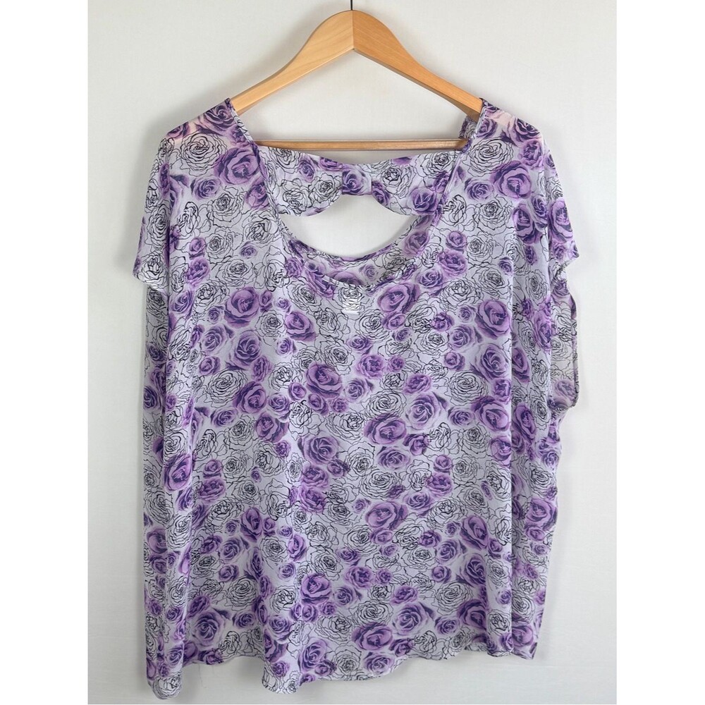 Torrid Purple Rose Print Open Back Blouse Size 2 - Picture 2 of 6